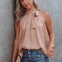 Pink Sleeveless Tie Mock Neck Leopard Tank Top