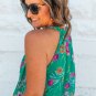 Bright Green Floral Print Buttoned Neckline Tank Top