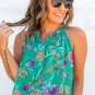 Bright Green Floral Print Buttoned Neckline Tank Top