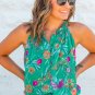 Bright Green Floral Print Buttoned Neckline Tank Top