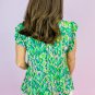 Green Abstract Print Ruffled Trim Tied Split Neck Tank Top