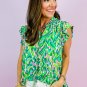 Green Abstract Print Ruffled Trim Tied Split Neck Tank Top