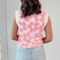 Pink Cute Flower Knitted V Neck Tank Top
