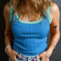 Blue Colorblock Edge Ribbed Knit U Neck Tank Top