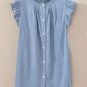 Beau Blue Frilly Pleated Button Back Retro Chambray Top
