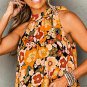 Orange Floral Print Knotted Halter Neck Sleeveless Top