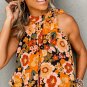 Orange Floral Print Knotted Halter Neck Sleeveless Top