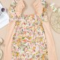 Apricot Pink Floral Patchwork Square Neck Ruffle Sleeve Blouse