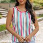 Rose Stripe Rainbow Eyelet Knit Button Decor Tank Top