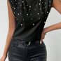 Black Pearls Beaded Shoulder Pad Crew Neck Tank Top