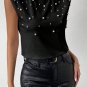 Black Pearls Beaded Shoulder Pad Crew Neck Tank Top