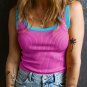 Bright Pink Colorblock Edge Ribbed Knit U Neck Tank Top
