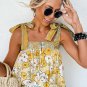 Yellow Floral Patchwork Tied Straps Buttoned Tank Top