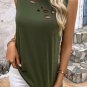 Jungle Green Solid Color Distressed Holes Crew Neck Tank Top