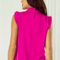 Bright Pink Pleated Mock Neck Frilled Trim Sleeveless Top