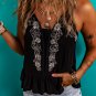 Black Floral Embroidery Ruffled Spaghetti Straps Tank Top
