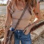 Smoke Gray Ribbed Knit Ruffled Shoulder Slim Fit Tank Top