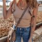 Smoke Gray Ribbed Knit Ruffled Shoulder Slim Fit Tank Top