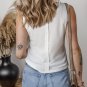 White Solid Color Waffle Knit Half Buttons Tank Top