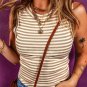 Khaki Stripe Exposed Seam Trim Round Neck Sleeveless Top
