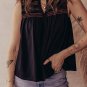 Black Colorful Shirred Yoke Notched V Neck Tank Top