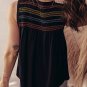 Black Colorful Shirred Yoke Notched V Neck Tank Top
