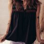 Black Colorful Shirred Yoke Notched V Neck Tank Top