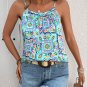 White Rhinestone Boho Floral Printed Spaghetti Strap Tank Top