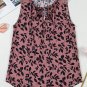 Brown Leaf Print Lace Up V Neck Crinckled Tank Top