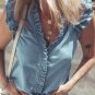 Beau Blue Frilly Ruffle Trim V Neck Chambray Tank Top