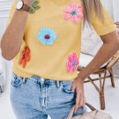 Yellow Cream Cute Flower Applique Short Sleeve Sweater