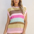Pink Stripe Crochet Cap Sleeve Loose Fit Sweater T Shirt