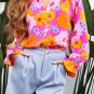 Rose Floral Print Flounce Sleeve Notched Neck Blouse