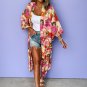 Pink Floral Allover Print Open Front Belted Duster Kimono