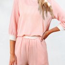 Pink Corded Colorblock Long Sleeve Top and Shorts Set