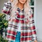 Red Geometric Plaid Print Pocketed Shacket