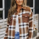 Brown Pocketed Buttoned Plaid Shirt Jacket