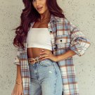 Sky Blue Plaid Flap Pocket Long Sleeve Shacket