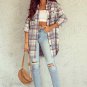Sky Blue Plaid Flap Pocket Long Sleeve Shacket