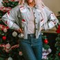 Sky Blue Sequined Santa Claus Flap Pocket Corduroy Jacket