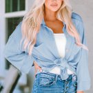 Sky Blue Roll Tab Sleeve Ribbed Cording Shacket
