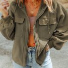Green Flap Pocket Drawstring Hood Zip Up Jacket