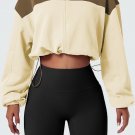 Beige Color Block Drawstring Cropped Athleisure Jacket
