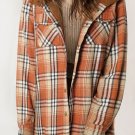 Orange Plaid Pattern Sherpa Lined Hooded Shacket