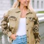 Khaki Aztec Print Patchwork Frayed Edge Corduroy Jacket