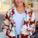 Fiery Red Western Aztec Buttoned Zipper Pockets Fleece Jacket