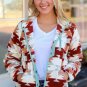 Fiery Red Western Aztec Buttoned Zipper Pockets Fleece Jacket