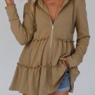 Khaki Tiered Ruffled Zip-Up Drawstring Hooded Jacket