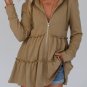 Khaki Tiered Ruffled Zip-Up Drawstring Hooded Jacket