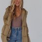Khaki Tiered Ruffled Zip-Up Drawstring Hooded Jacket